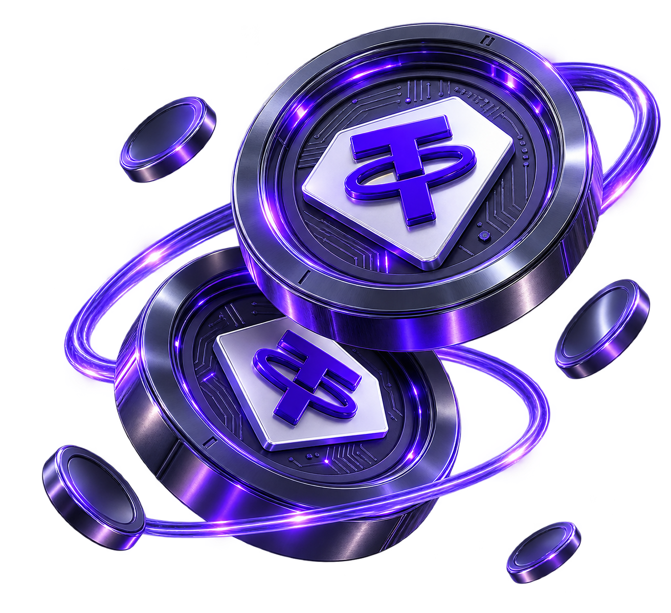 परिक्रमा गर्ने प्रकाश मार्गले घेरिएका दुई टिथर (USDT) सिक्काहरू